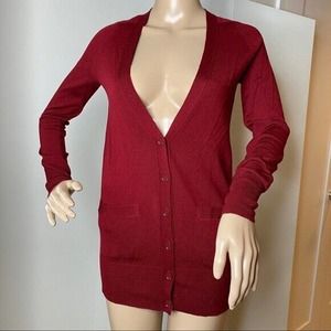 J.Crew 100% Merino Wool Long Red Cardigan Sweater Buttons V-Neck XXS 2XS Travel